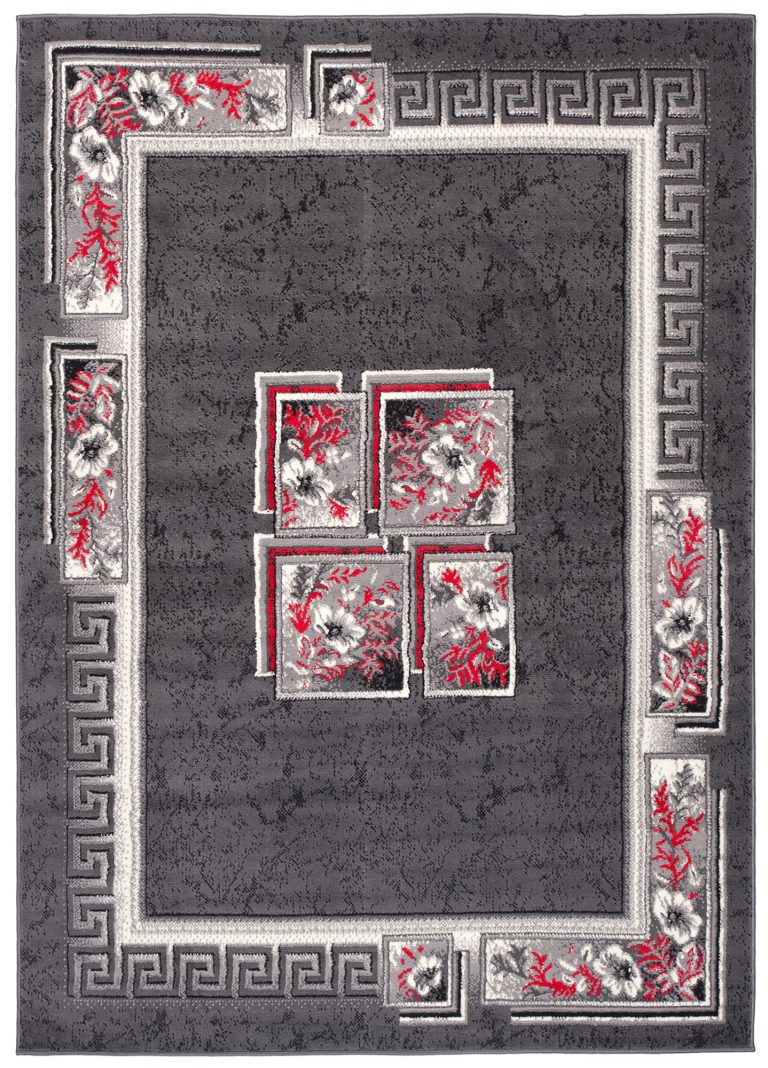 Teppich Dream Grau Rot Blumen Quadrate