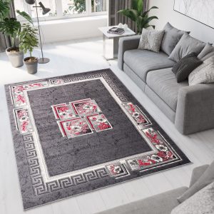 Teppich Dream Grau Rot Blumen Quadrate
