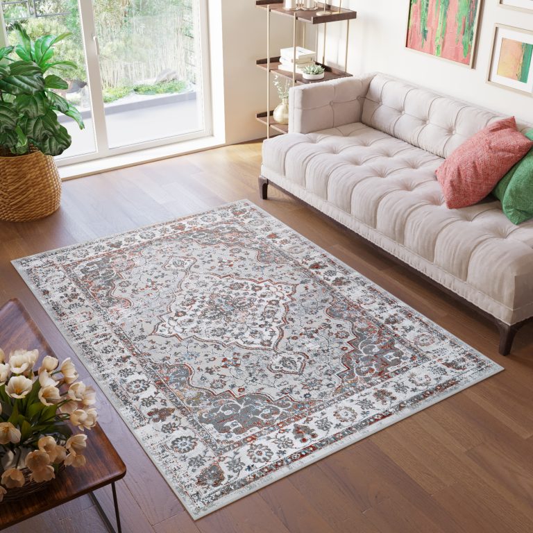 Teppich Valley Grau Fuchsrot Vintage Rahmen