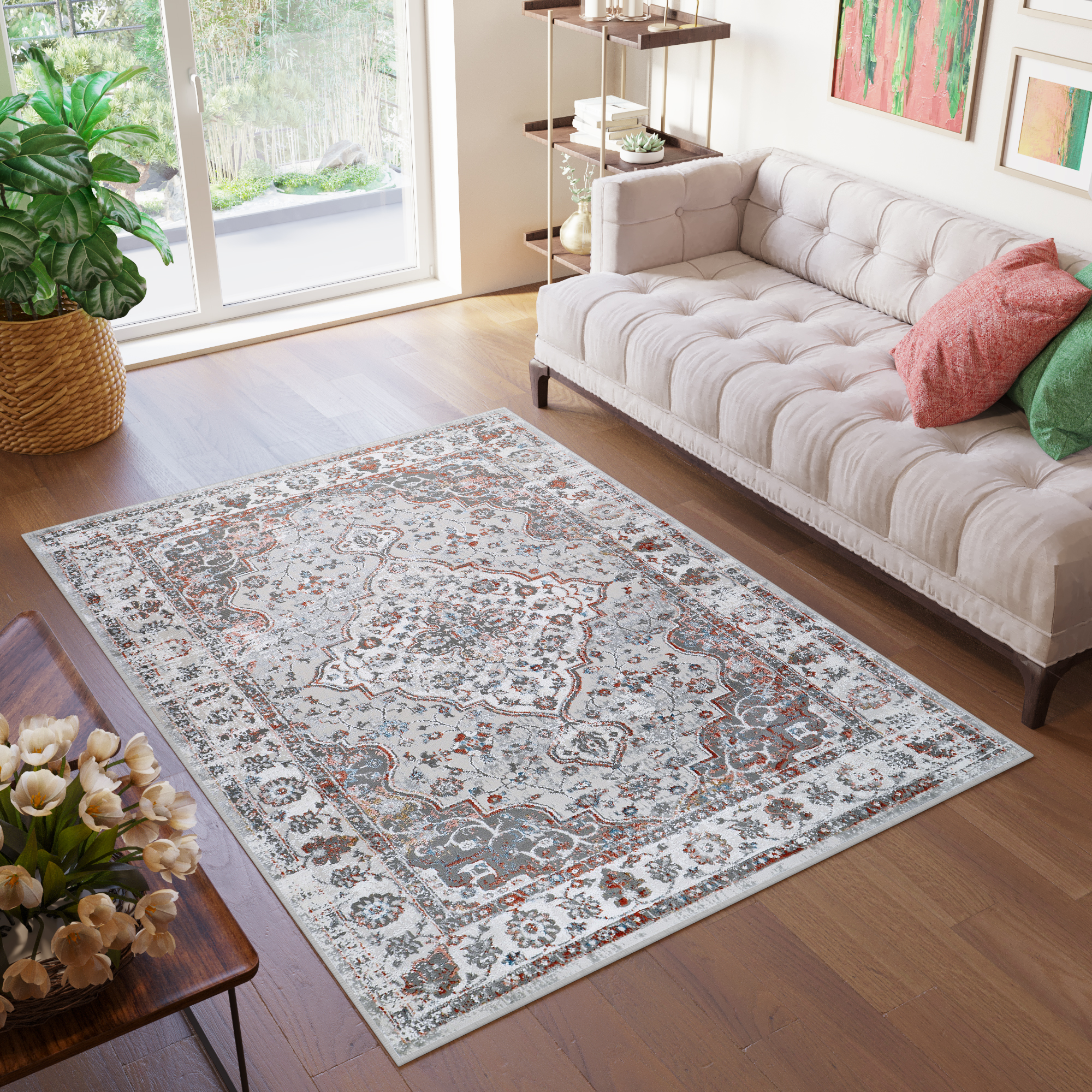 Teppich Valley Grau Fuchsrot Vintage Rahmen