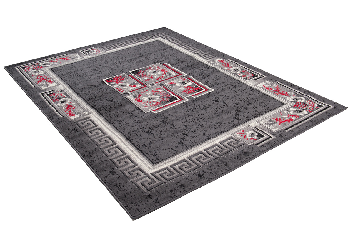 Teppich Dream Grau Rot Blumen Quadrate