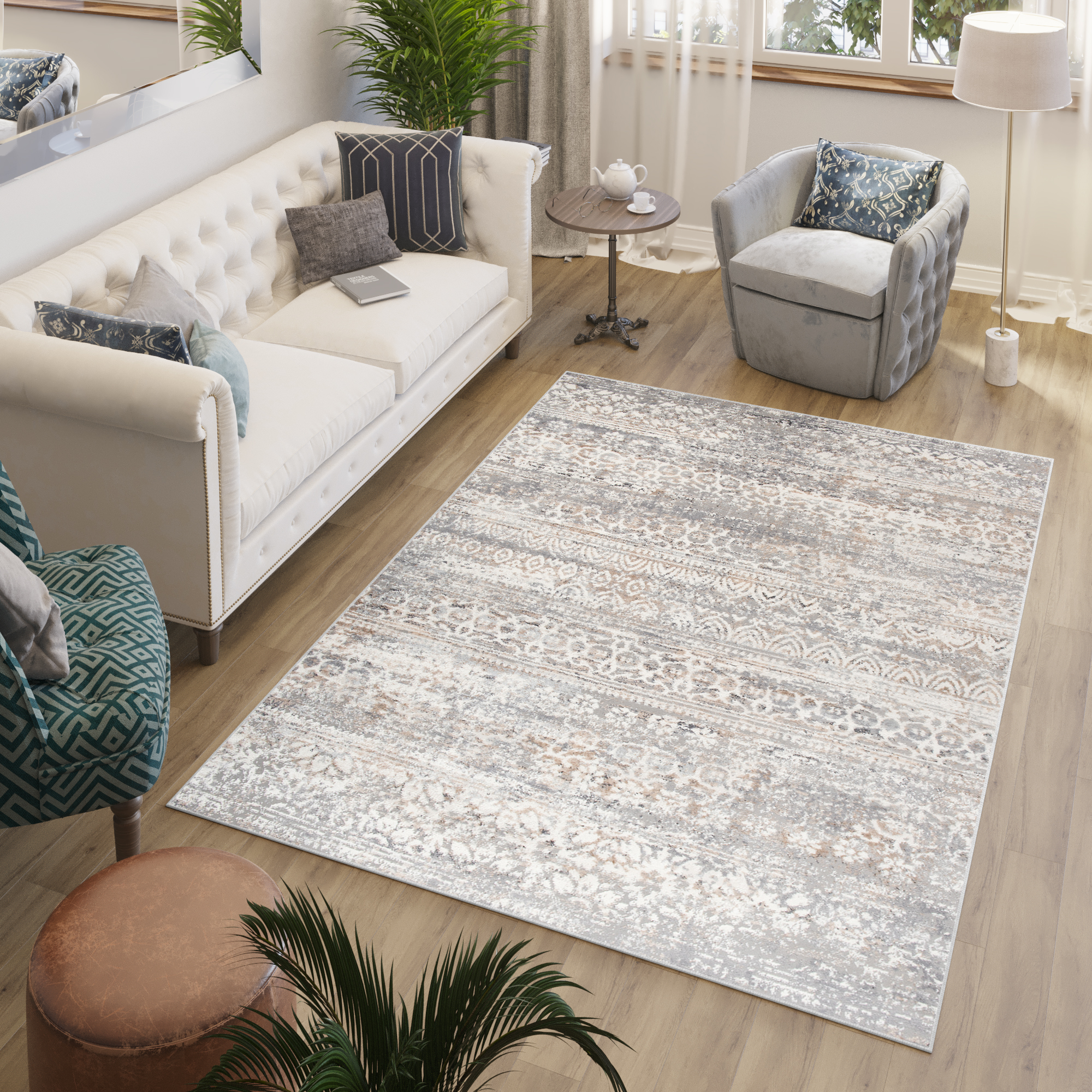 Teppich Valley Grau Mehrfarbig Vintage Blumen