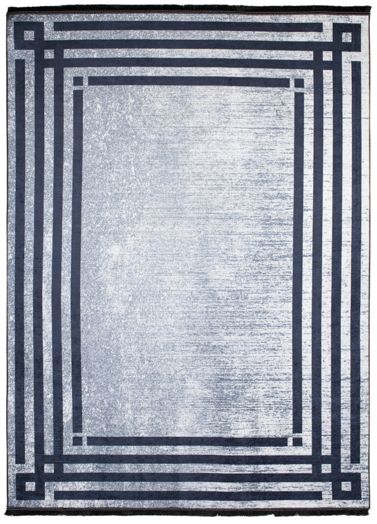 Teppich Toscana Fransen Grau Blau Rahmen