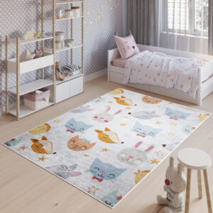 Teppich Emma Kinderzimmer Grau Bunt Tiere Rutschfest