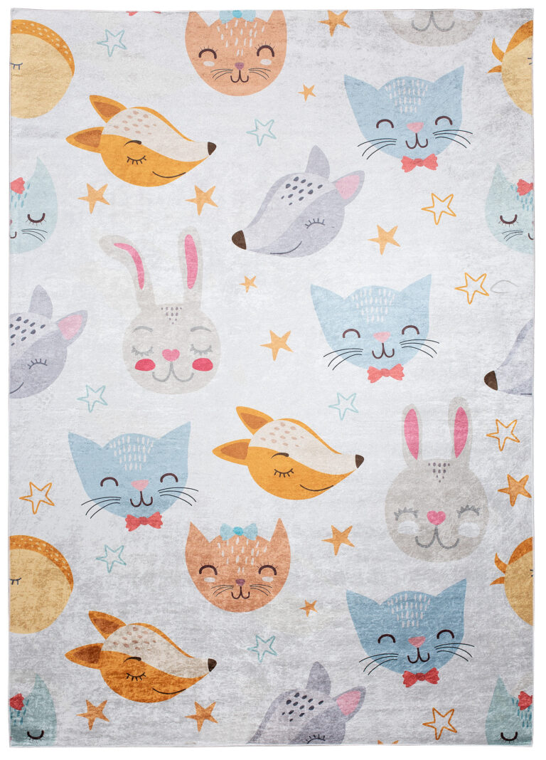 Teppich Emma Kinderzimmer Grau Bunt Tiere Rutschfest