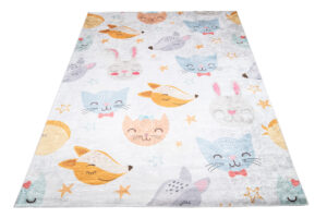 Teppich Emma Kinderzimmer Grau Bunt Tiere Rutschfest
