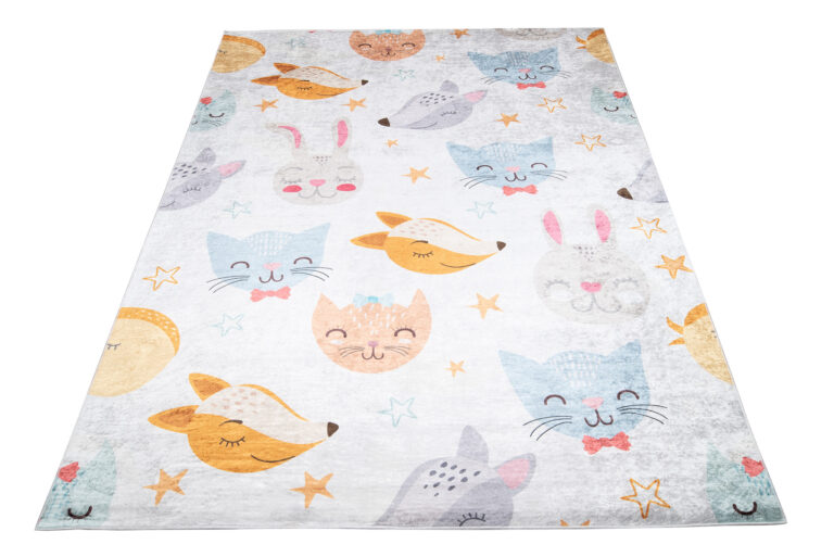 Teppich Emma Kinderzimmer Grau Bunt Tiere Rutschfest