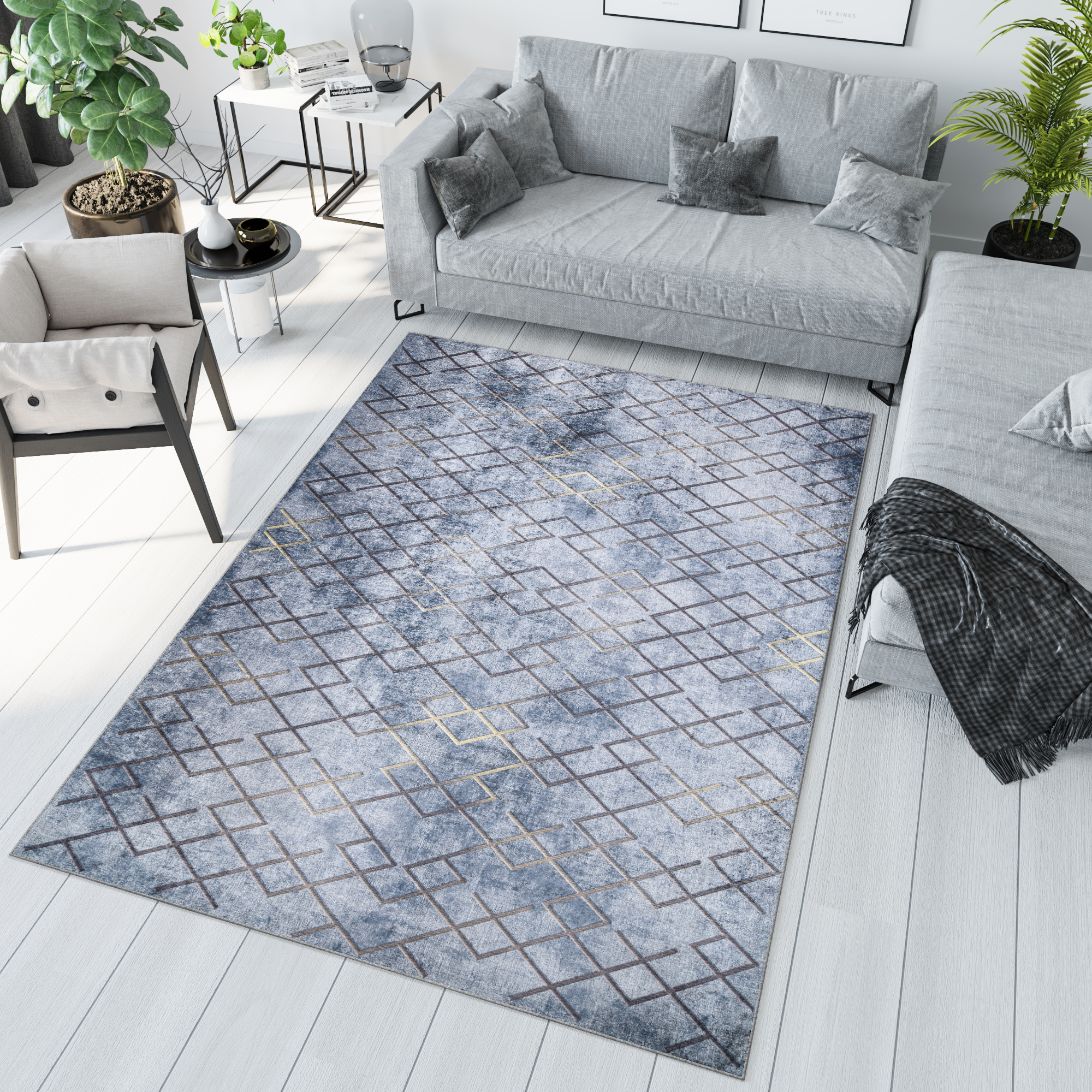 Teppich Toscana Geometrisch Blau Gold Quadrate