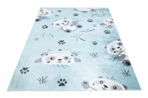Teppich Emma Rutschfest Waschbar Blau Grau Panda