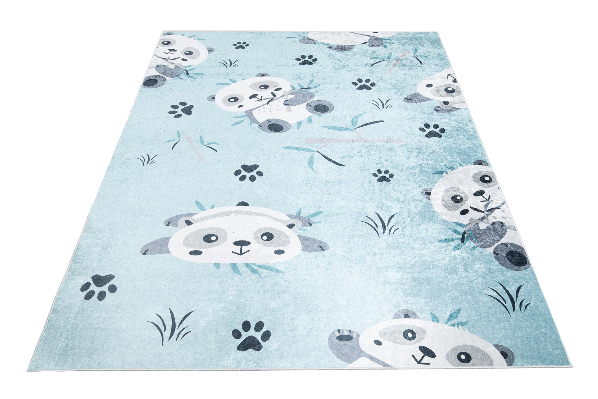 Teppich Emma Rutschfest Waschbar Blau Grau Panda