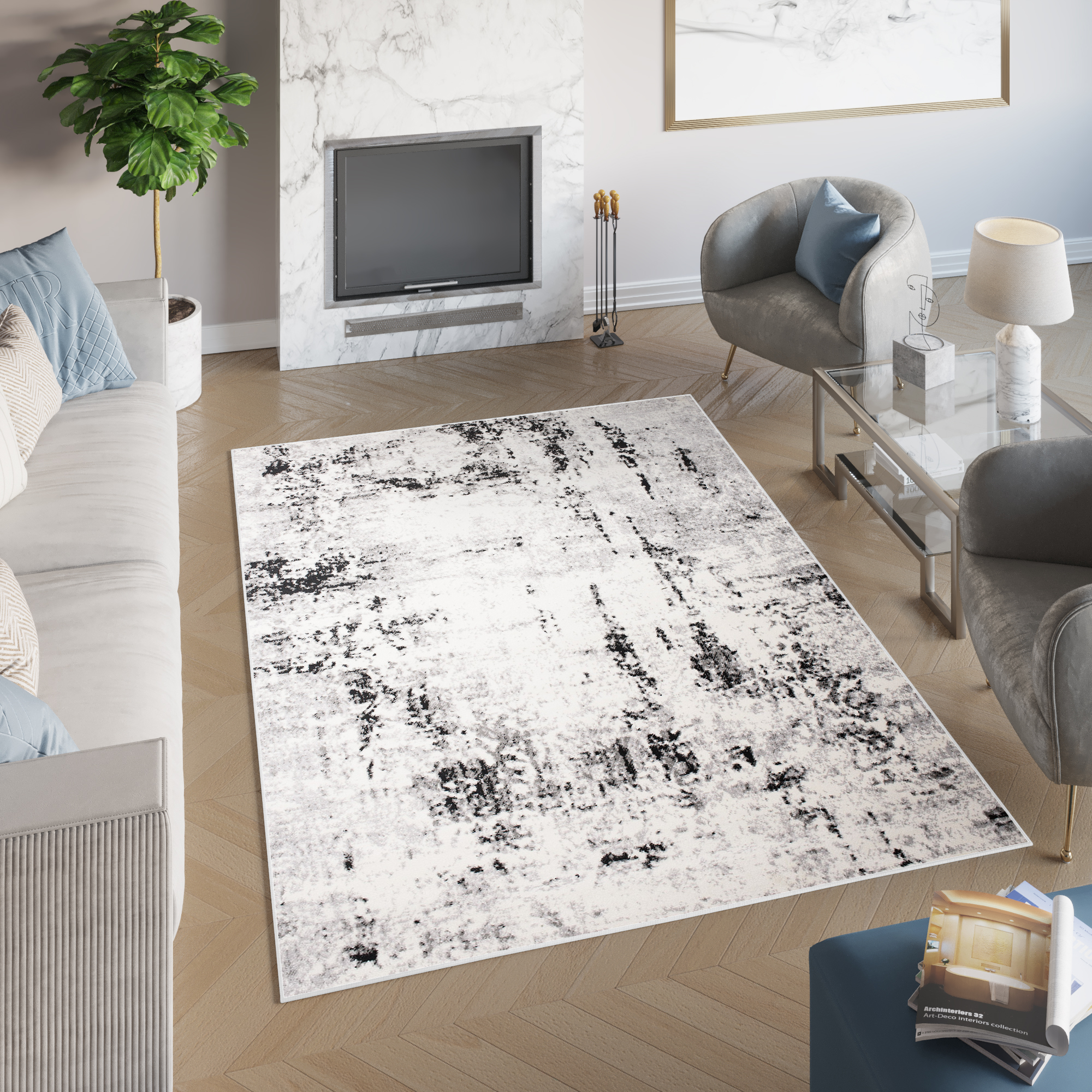 Teppich Juno Kurzflor Creme Schwarz Grau Splash Modern Design