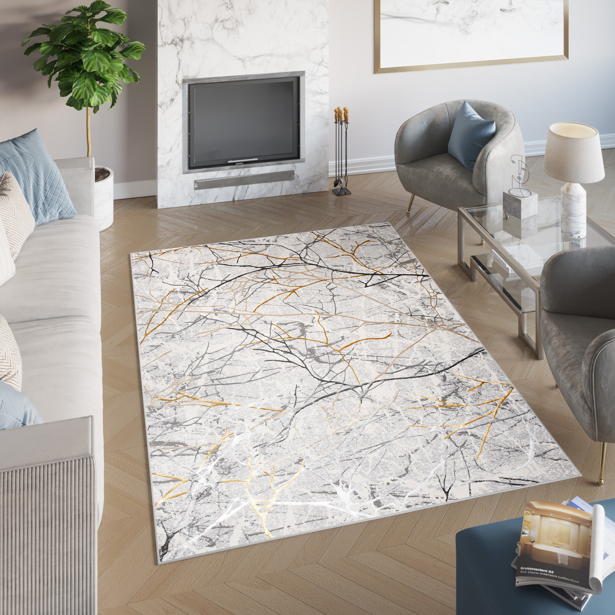 Teppich Golden Grau Gold Braun Linien