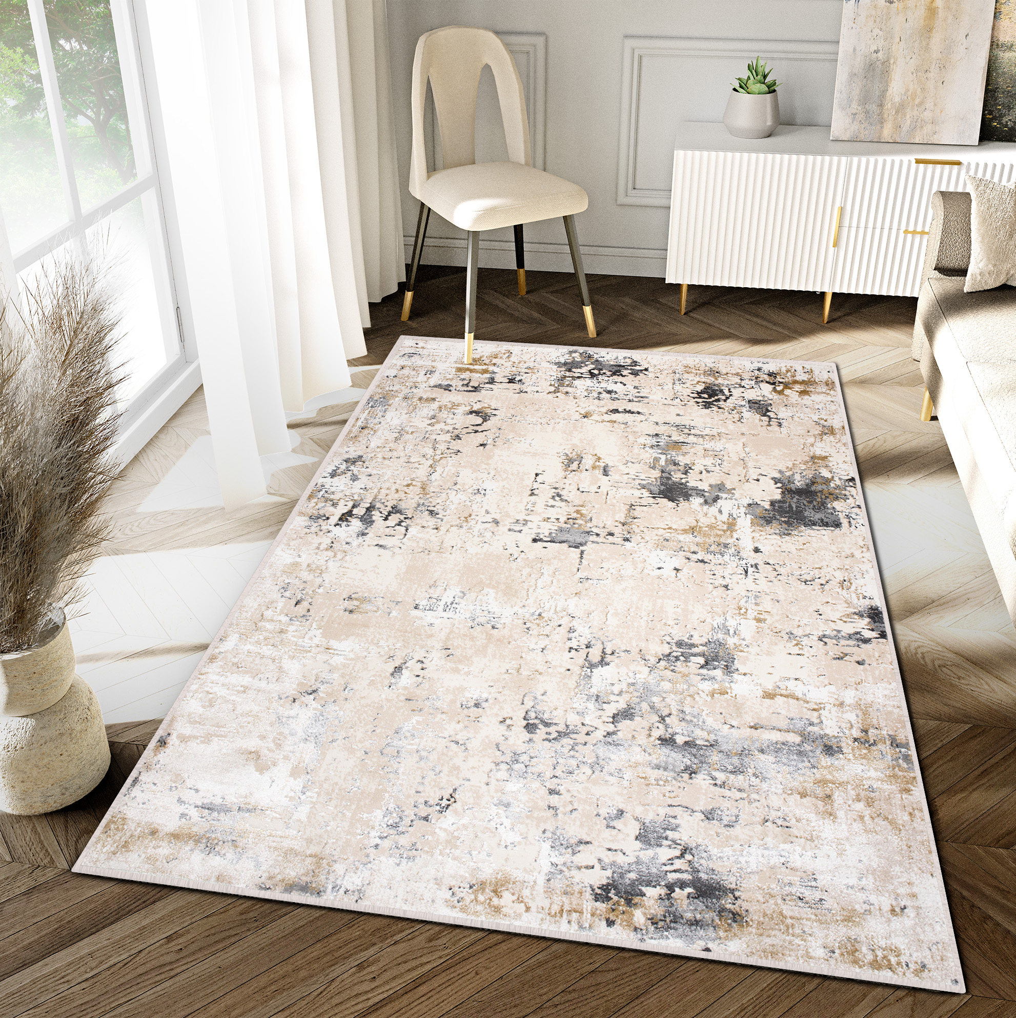 Teppich Hera Creme Beige Dunkel Grau Meliert 3D-Effekt