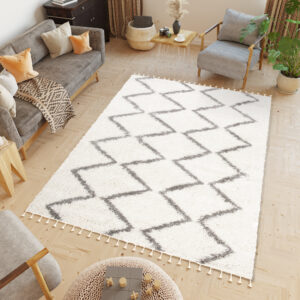 Teppich Boho mit Fransen Creme Zigzag Shaggy