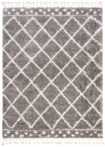 Teppich Boho mit Fransen Grau Gitter Punkte Shaggy