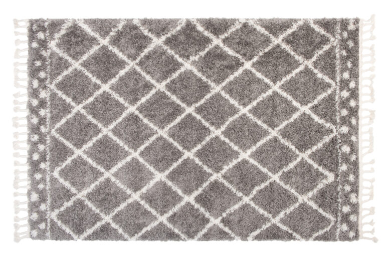 Teppich Boho mit Fransen Grau Gitter Punkte Shaggy