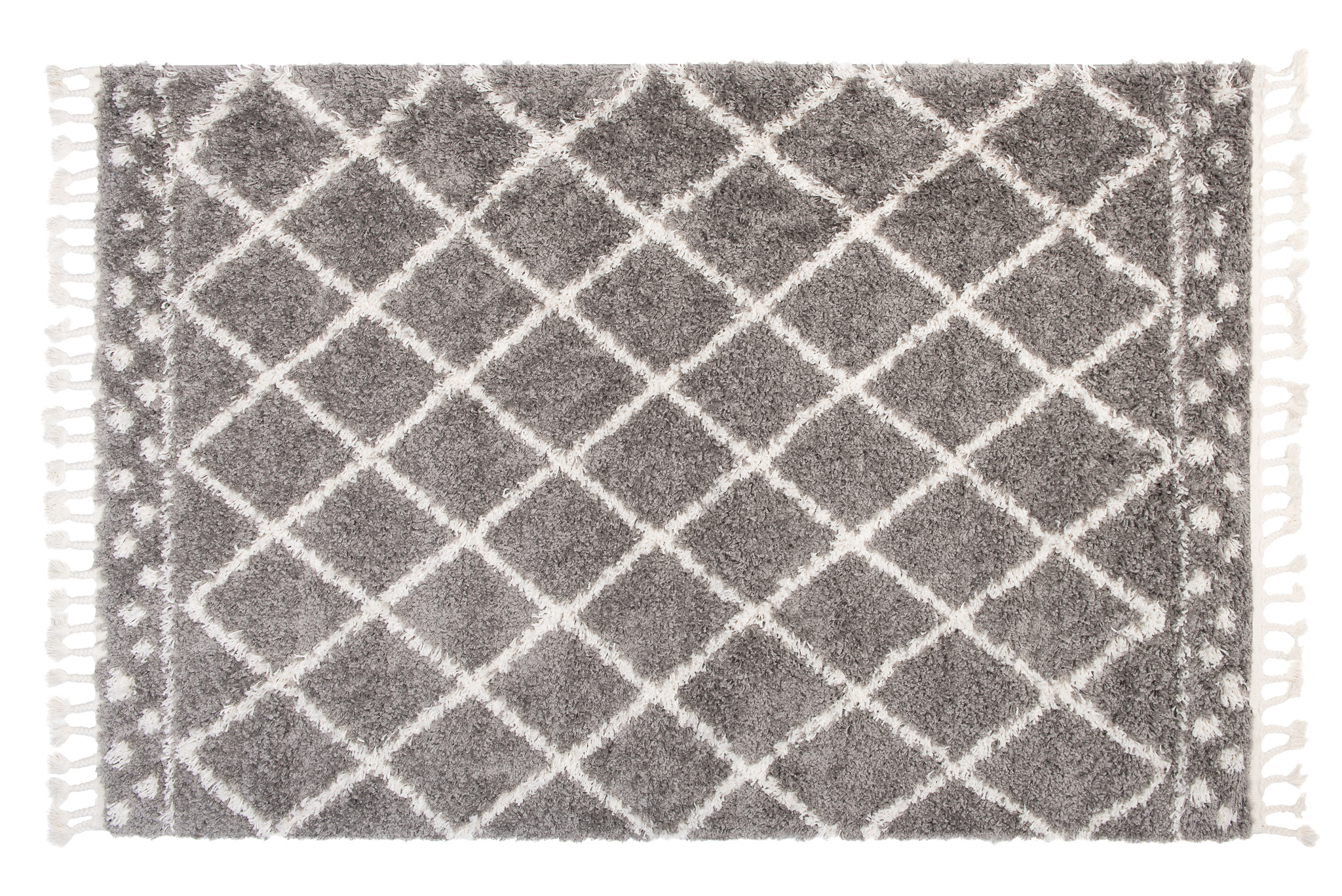 Teppich Boho mit Fransen Grau Gitter Punkte Shaggy