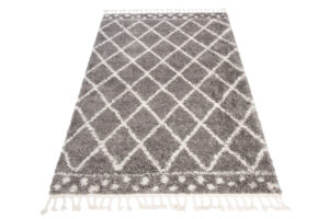 Teppich Boho mit Fransen Grau Gitter Punkte Shaggy