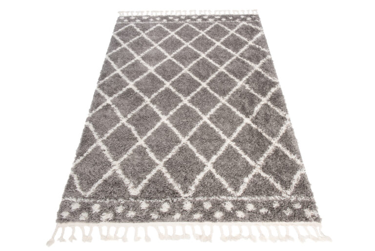 Teppich Boho mit Fransen Grau Gitter Punkte Shaggy