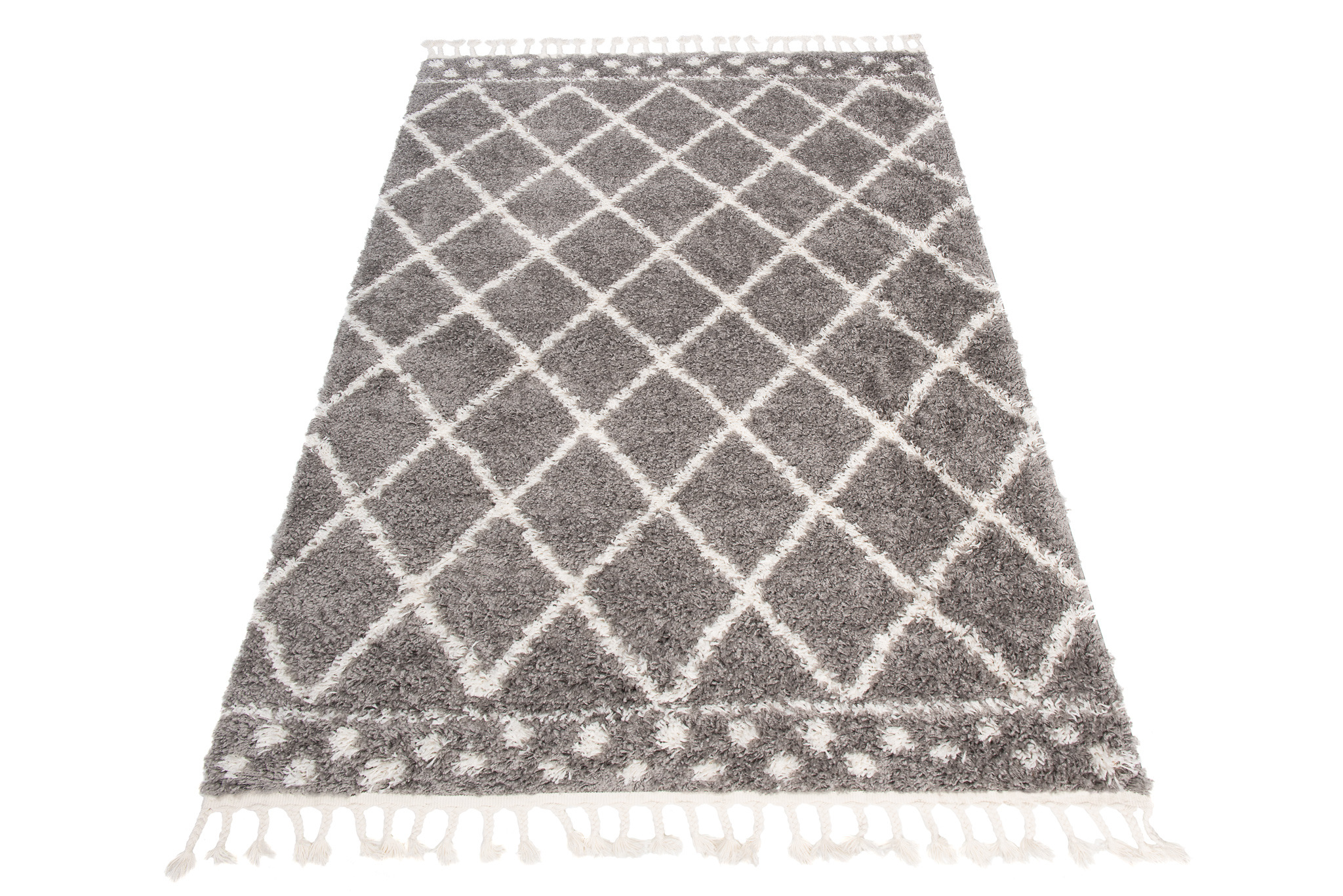 Teppich Boho mit Fransen Grau Gitter Punkte Shaggy