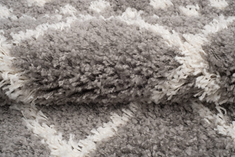 Teppich Boho mit Fransen Grau Gitter Punkte Shaggy