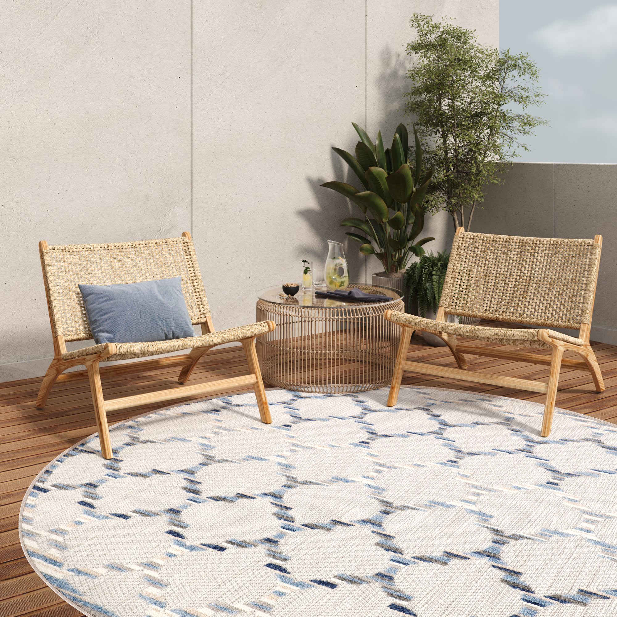 Outdoorteppich Patio Rund Blau Trellis